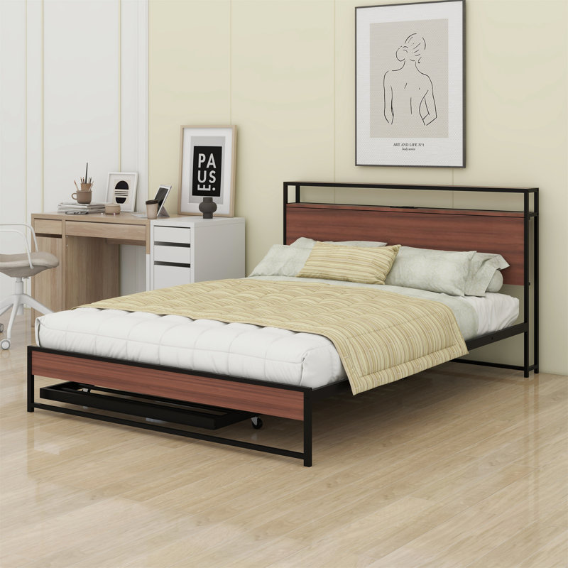 Base de lit plateforme avec couchette, ports USB et support à lattes, Noir / brun, Grand
