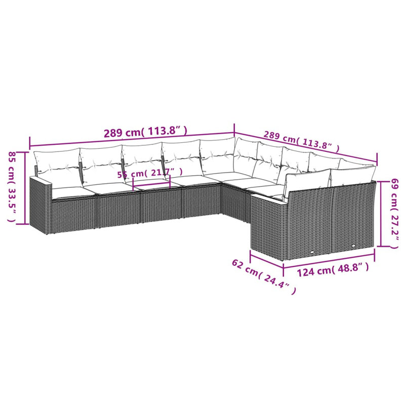 Grand canapé modulaire en rotin PE Vidaxl, Coussin gris / cadre gris