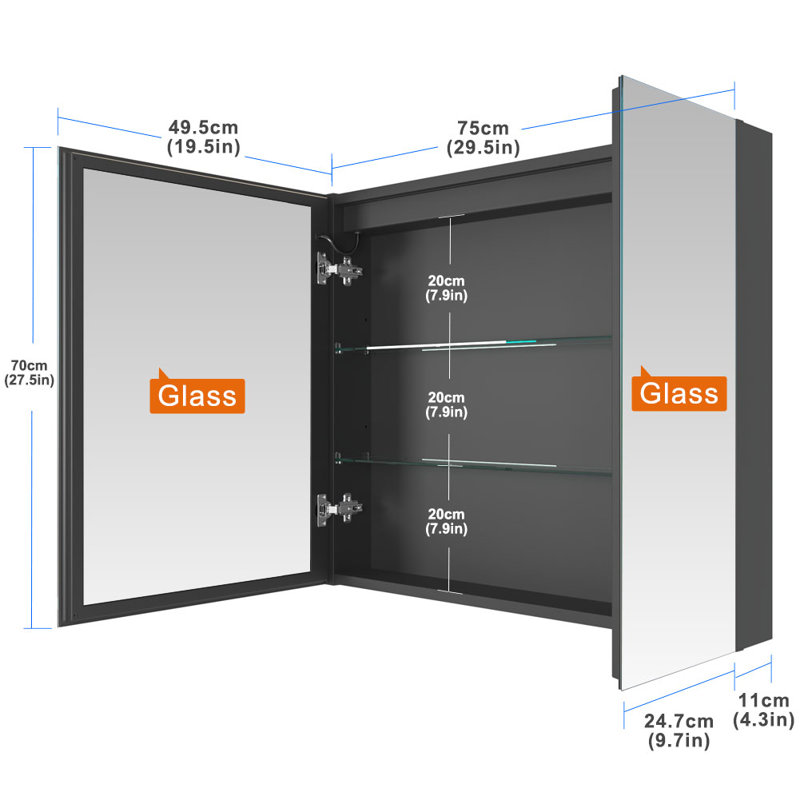 Armoire à pharmacie de salle de bain avec miroir H 28 po x l 30 po avec miroir, désembueur, prises et USB David-Christian