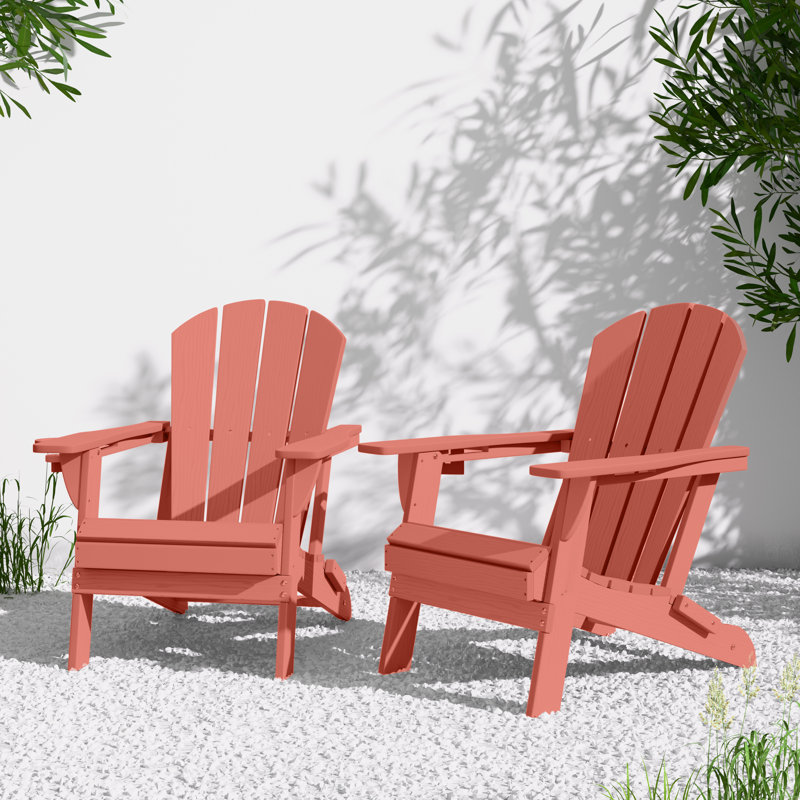 Oversized All-Weather Foldable Adirondack Chair with Cup Holder（Set of 2）, Dark Red, Set Of 2