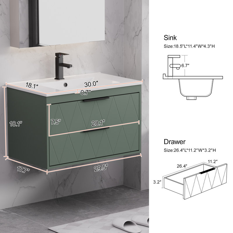 Ensemble de meuble-lavabo mural simple 30 po avec lavabo, robinet en alliage de zinc et tiroirs à fermeture en douceur Ciarra Sharee
