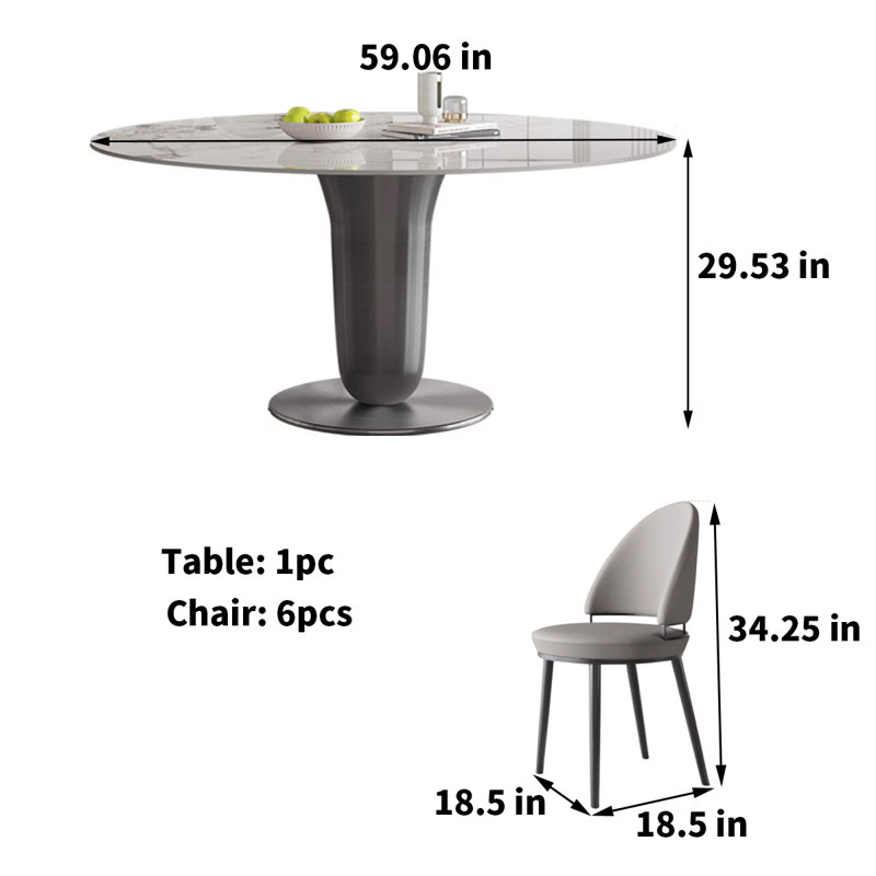 Ensemble de salle à manger Rock Plate, H 29,53 po x L 59,06 po x l 59,06 po, 7 pièces : table, 6 chaises