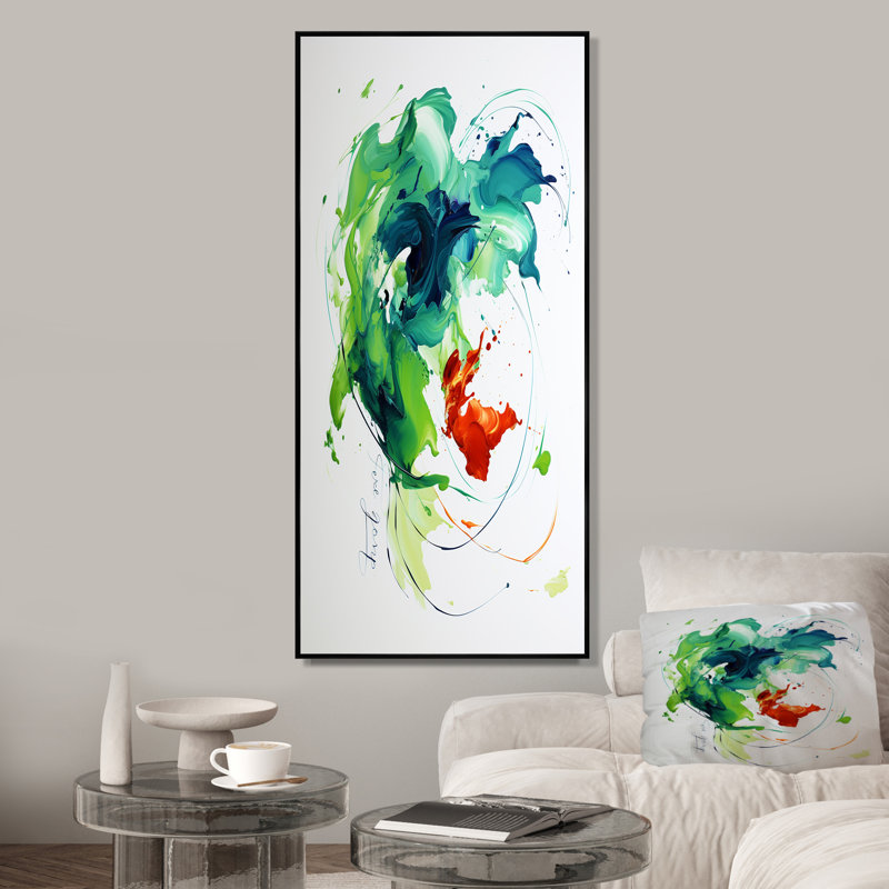 «Green and White Abstract Expression», peinture d'art abstrait III, Cadre flottant noir, H 20 po x l 12 po x P 1 po
