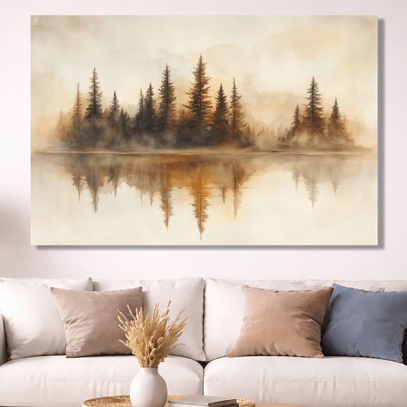 Art mural, reflet de la forêt, toile beige lac, reflet de la forêt beige au bord du lac, H 40 po x l 60 po, Toile tendue