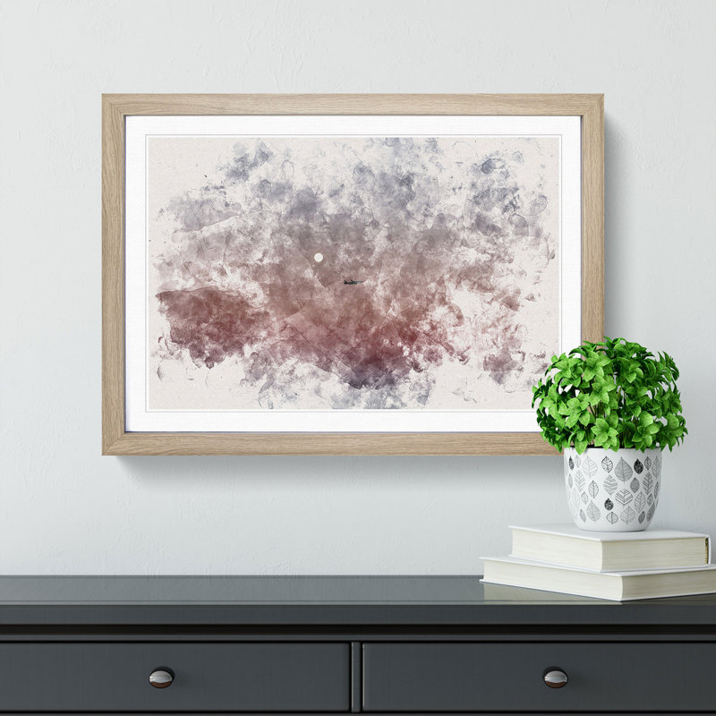 Airplane Passing The Moon Watercolour - Single Picture Frame Print on MDF, 62cm H x 87cm W x 2cm D, Oak Framed
