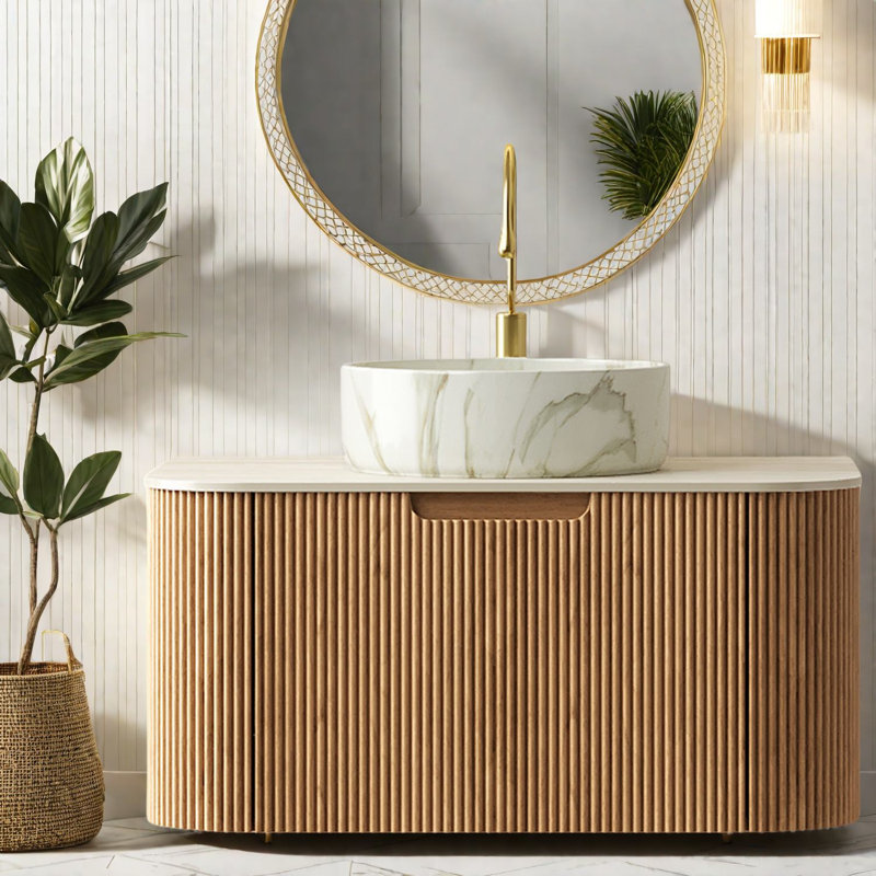 Meuble-lavabo suspendu moderne avec lavabo, en céramique et pierre frittée, style naturel