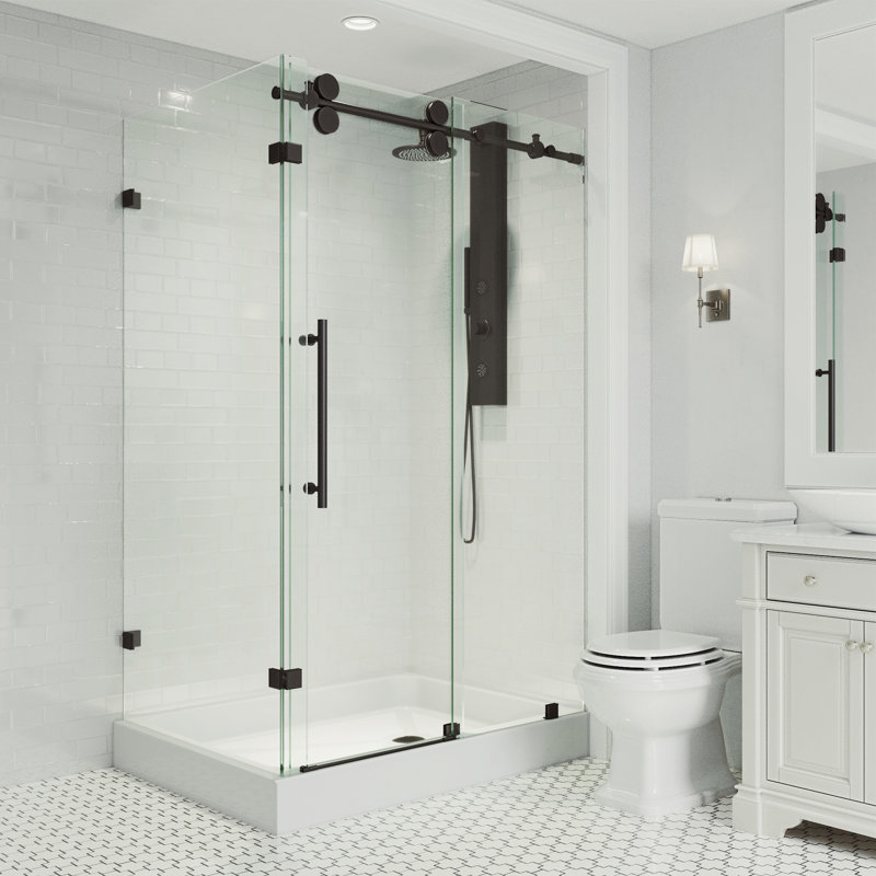 Winslow 48" W x 36" D x 80" H Sliding Frameless Shower Enclosure with 3/8  Clear Glass&Base, Right, Matte Black