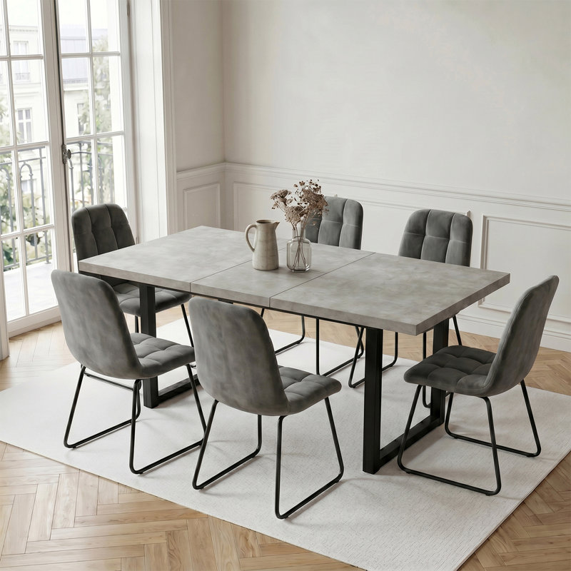 Extendable Dining Table Set for 6, 130-170 cm Extendable Gray Tabletop, Metal U-Shaped Base with Fabric Chairs, Modern Style Table Set for Dining Room Kitchen