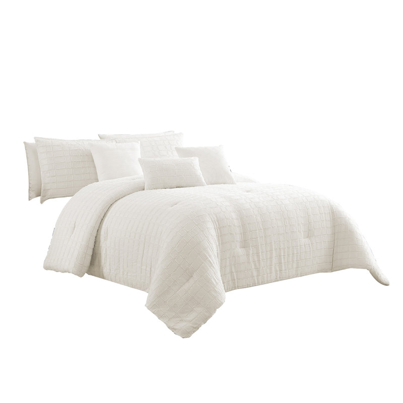  White Cotton Blend 6 Piece Comforter Set, Queen Comforter + 6 Additional Pieces