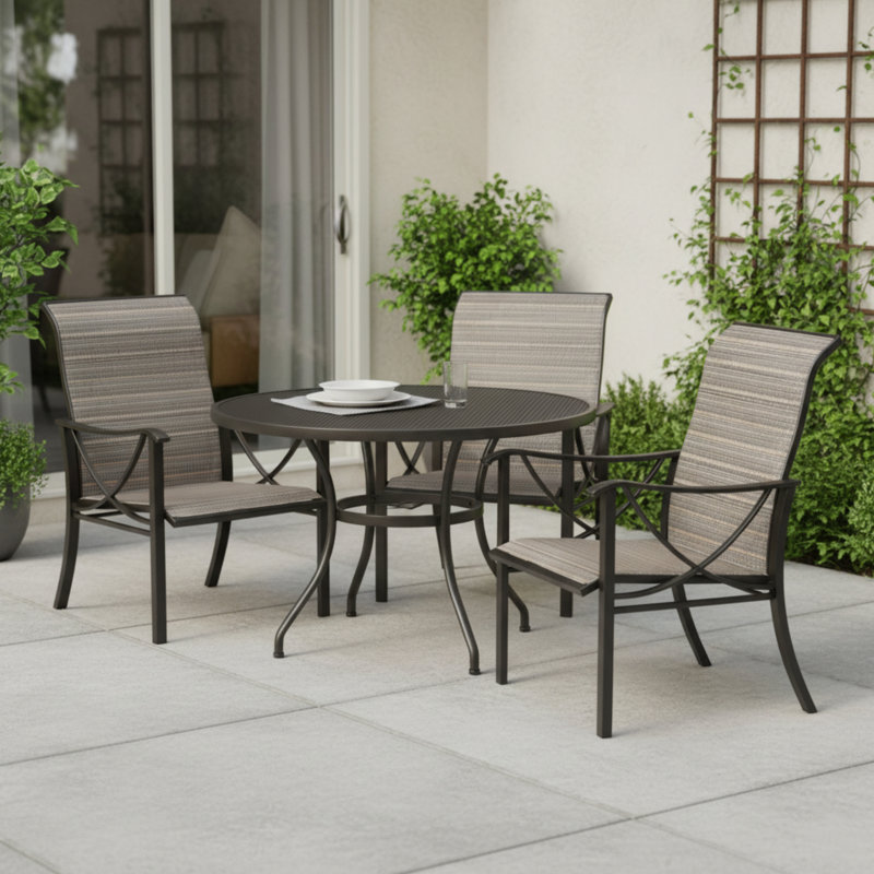 23.4" Wide Powder‑Coated Rust‑Resistant Metal Frame, Breathable PVC-coated polyester Polyester Fabric, Adjustable Feet Outdoor Dining Chair (Set Of 3)