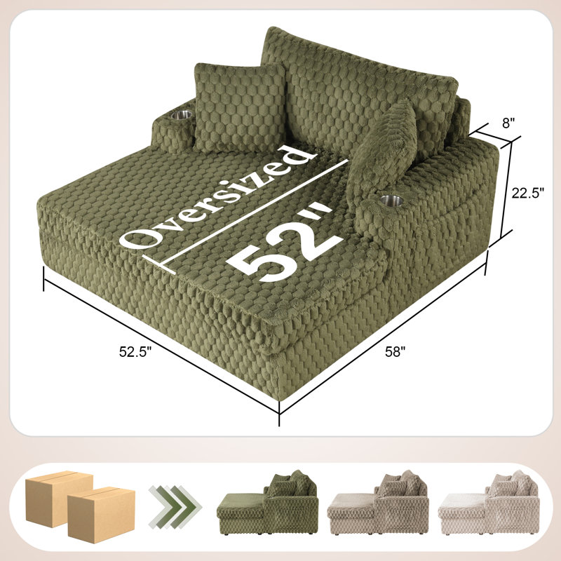 52''W Oversized Upholstered Chaise Lounge With Solid Wood Frame, Green