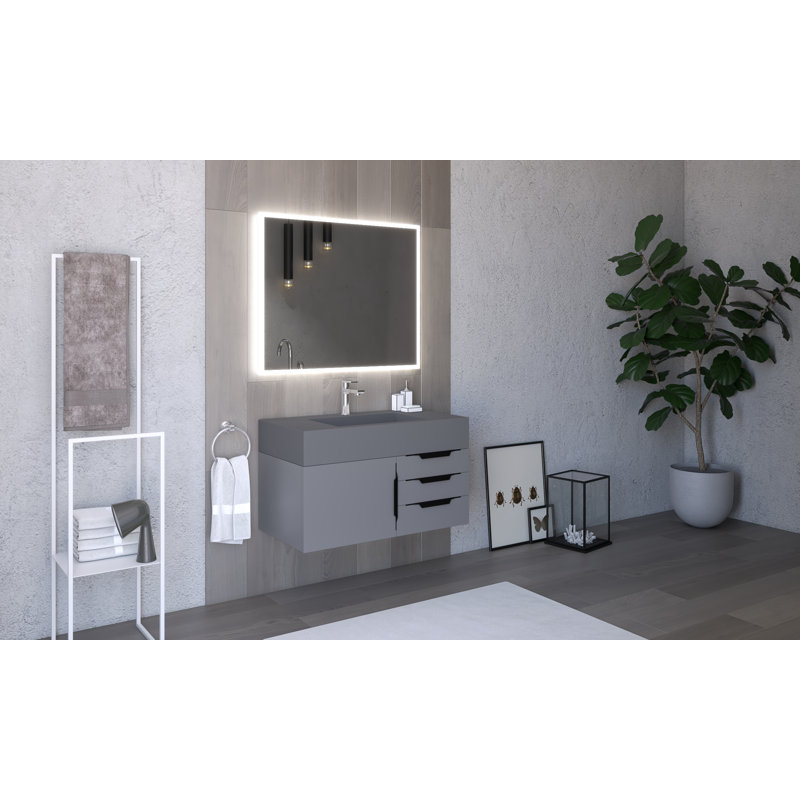 Modern 36" Wall-Mounted Single Bathroom Vanity Set with Mirror, Black, Gray, Gray
