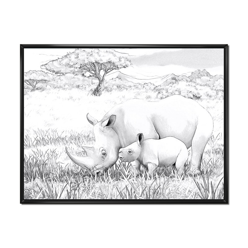 Rhino in African Safari - peinture sur toile, H 34 po x l 44 po, Toile à cadre flottant noir
