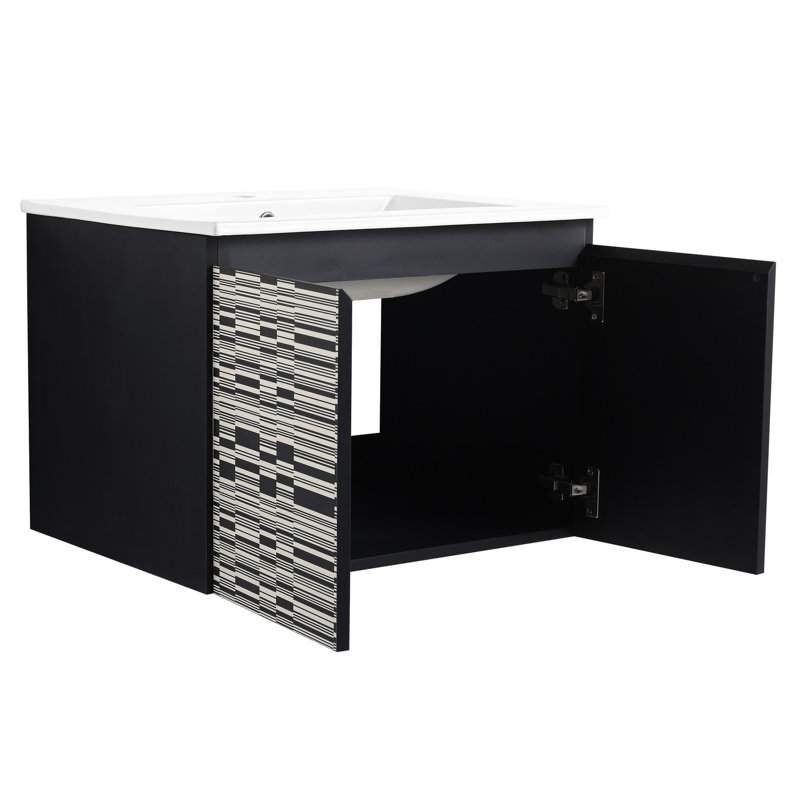 Meuble-lavabo 24 po. Comprend un évier en céramique et une porte à fermeture en douceur. Moderne. Contreplaqué. Noir Optimisation du rangement inclus. Maximise le style