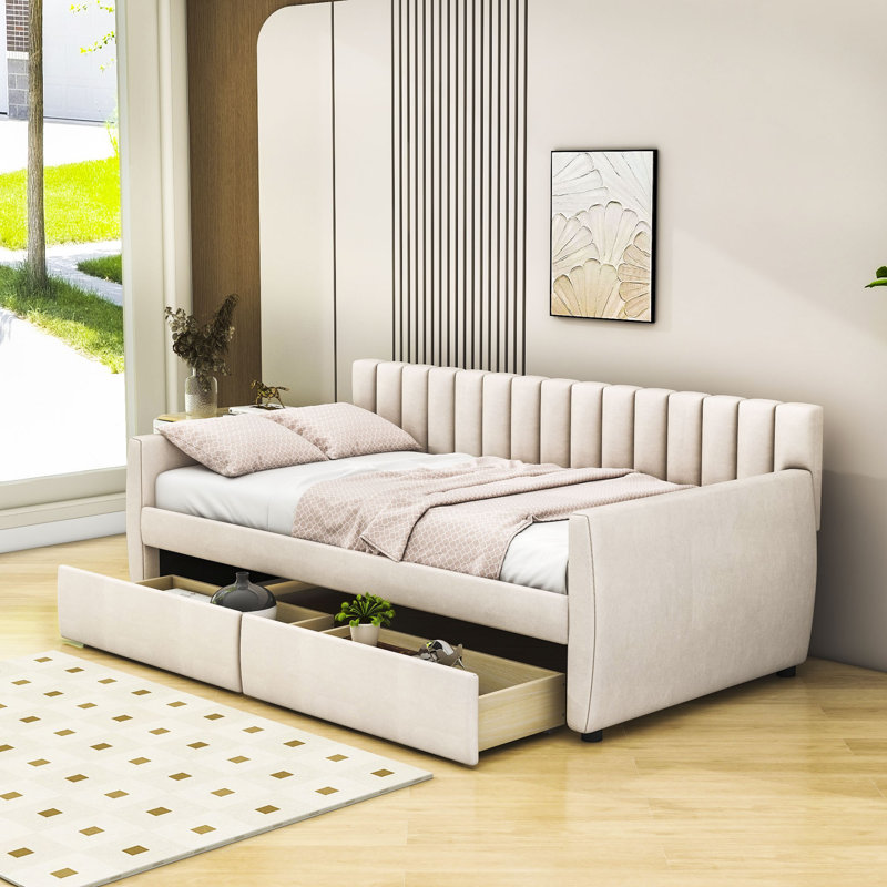 Lit de jour simple tapissier 2 tiroirs, Beige