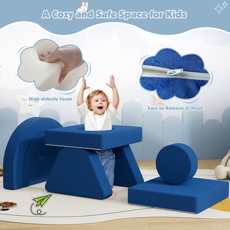 Modular Play Couch, Toddler Sofa, DIY Convertible Sofa with Soft Sponge Cushions, Blue