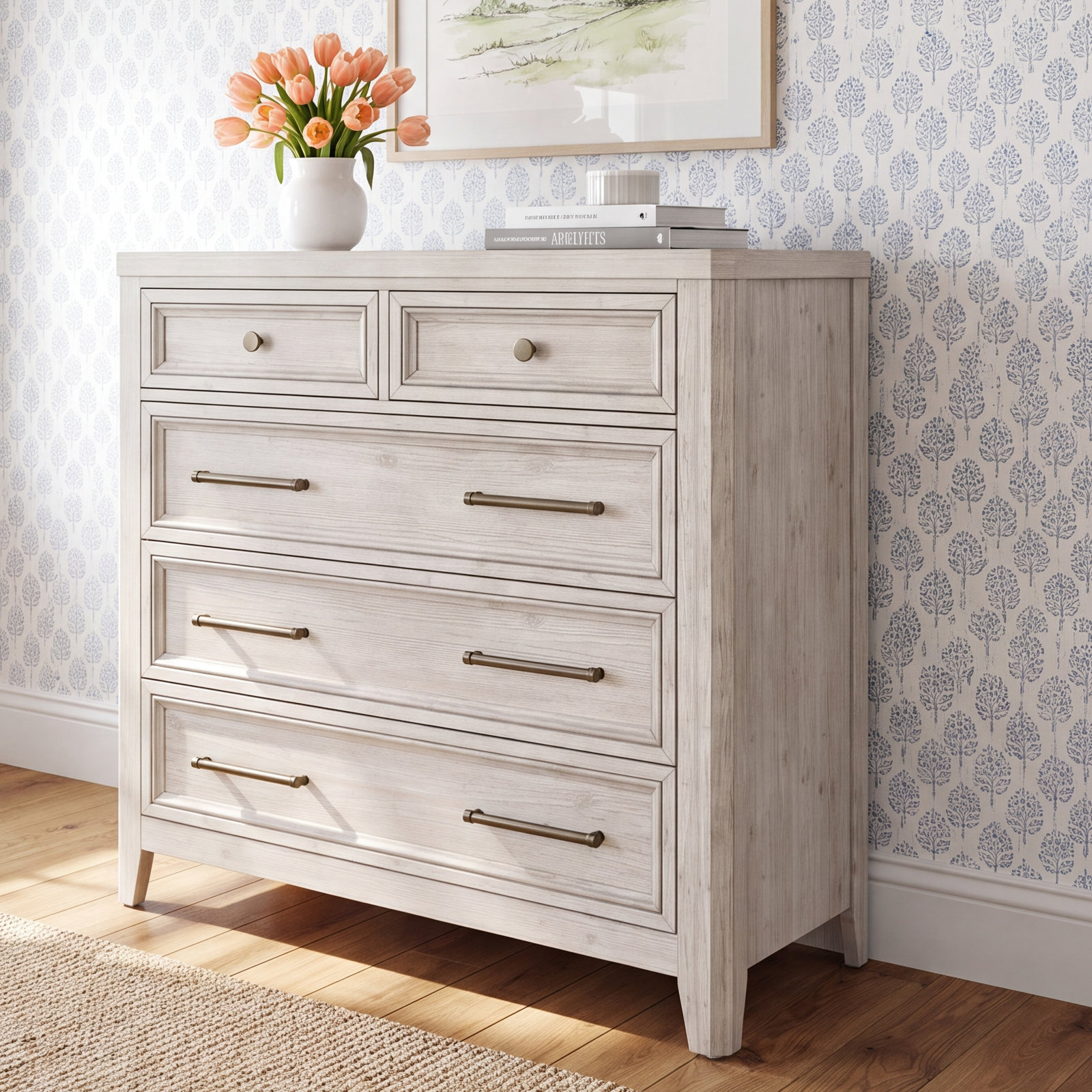 Jemma 5-Drawer Solid Wood Chest, Washed Linen