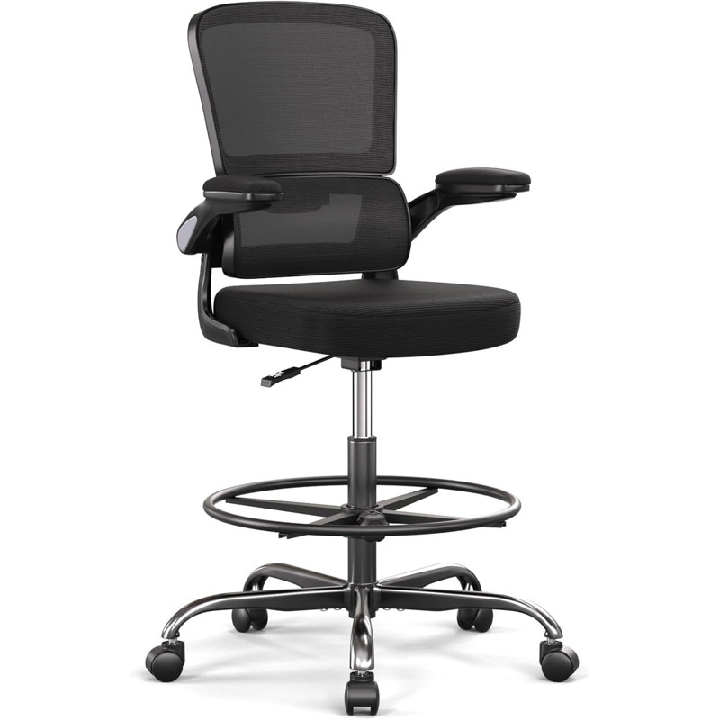Black Ergonomic Drafting Chair - Tall Office Chair For Standing Desk With Breathable Mesh, Flip-Up Armrests & Adjustable Footrest Ring