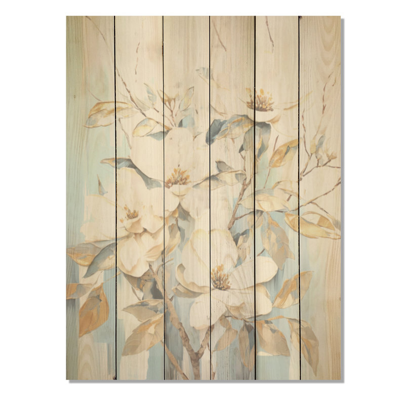 Harmonie de fleurs blanches et dorées - Magnolias, art mural sur bois de pin naturel, H 32 po x l 24 po