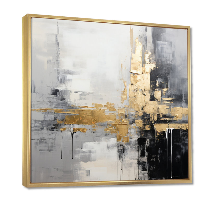 Or, ville dorée, blanc, gris, noir, peinture abstraite, art mural sur toile, Cadre flottant doré, 44" H x 44" W