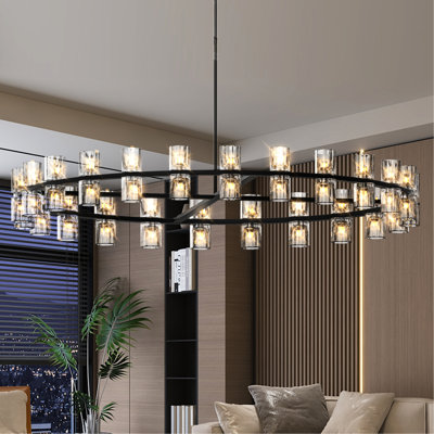 Luxueux cristal de fer noir de 48 pouces, éclairage pour les espaces de vie et de salle à manger, éclairage à DEL, câblé, blanc chaud 2700K, même, installation facile avec cristaux transparents, plafond -