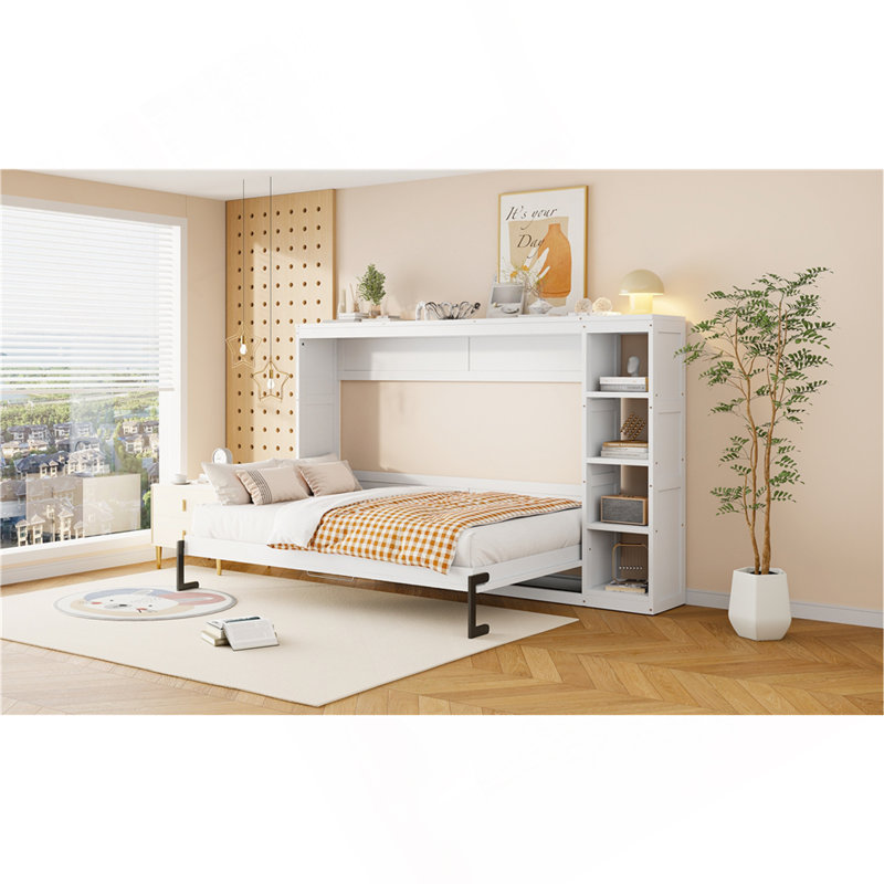 Lit escamotable double avec bibliothèque, Lit double, Blanc