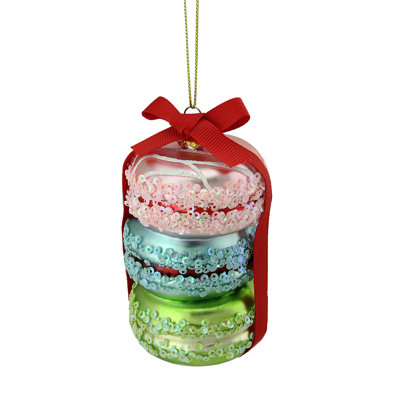 4.5" Pink Blue and Green Glass Macaroons with Red Ribbon Christmas Ornament