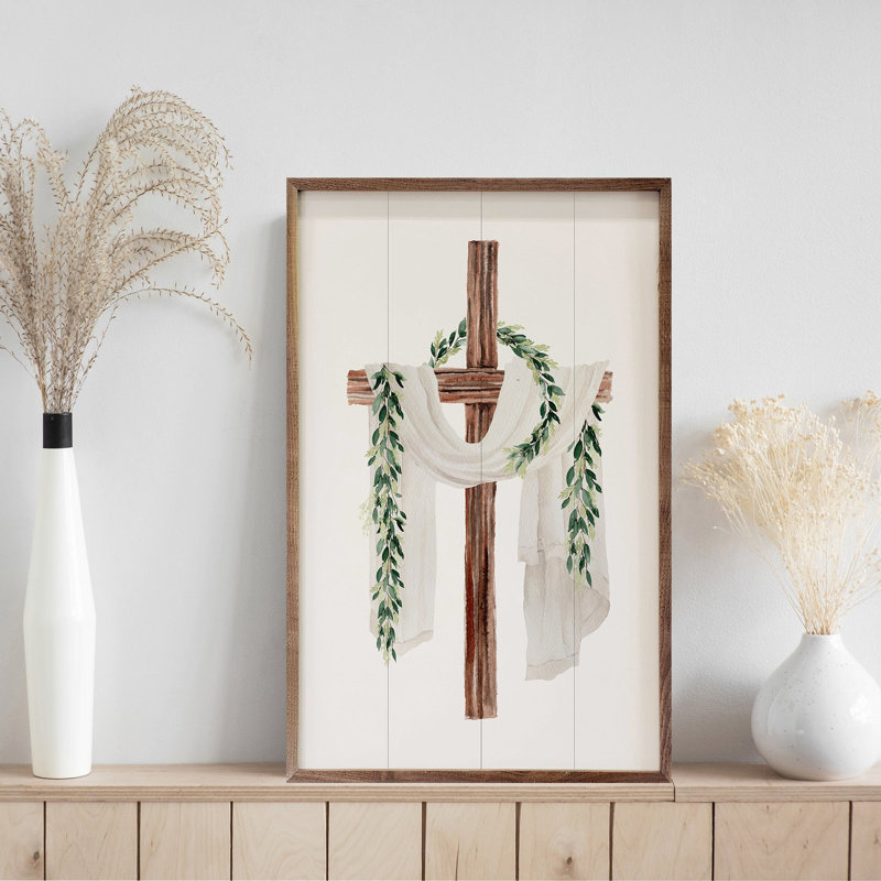 Croix en bois avec foulard drapé, H 8 po x l 5 po