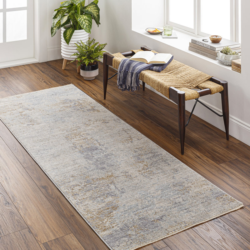 Tapis en polyester tissé à la machine à motif abstrait bleu ardoise / brun clair, Tapis de couloir 2 pi 7 po x 7 pi 3 po