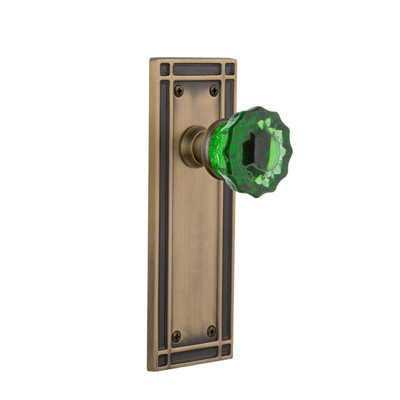 Mission Plate with Crystal Emerald Door Knob, Antique Brass