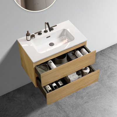 Wall Mount Space Bathroom Vanity with Ceramic Sink with Three Faucet Holes, Large Storage Floating Bathroom Vanity for Modern Bathroom, Pre-assembled