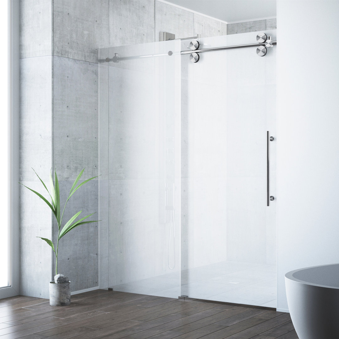 Elan 56-60" W x 74" H Sliding Frameless Shower Door with 3/8" Frosted Glass VIGO Finish: Stainless Steel