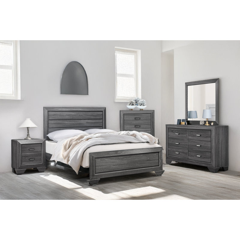 Amalee Rustic Grey Panel Bedroom Set, Très grand, 6 Pcs: Bed, 2 Nightstand, Dresser, Mirror, Chest, Rustic Grey