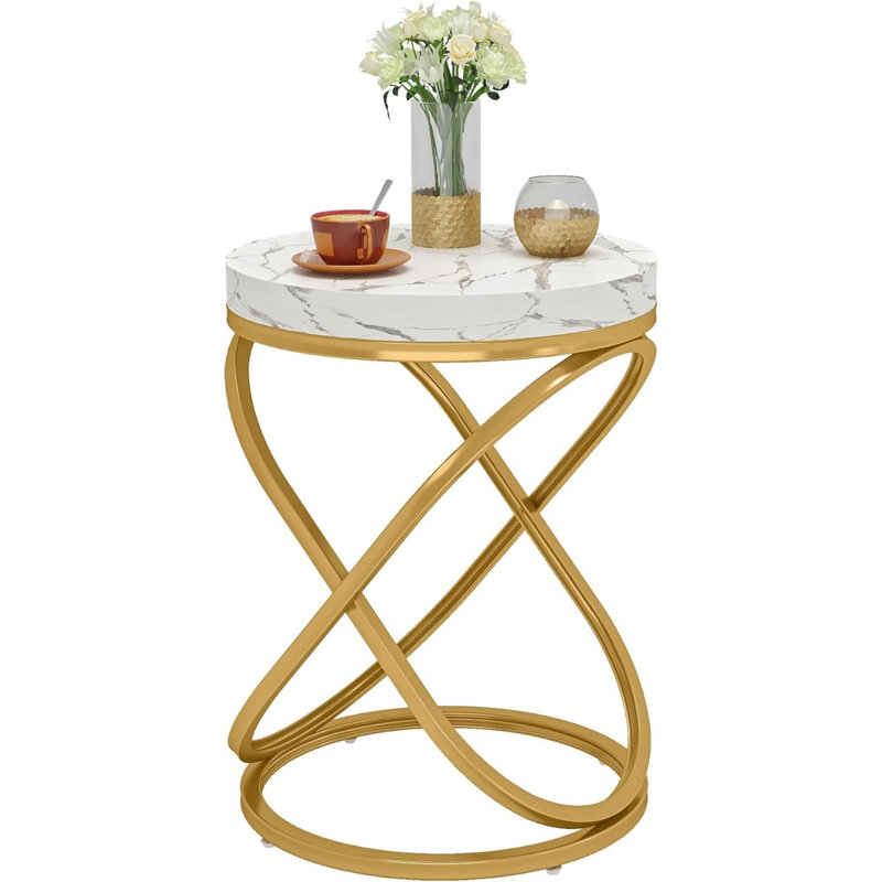 26'' White and Gold Faux Marble Top Round End Table