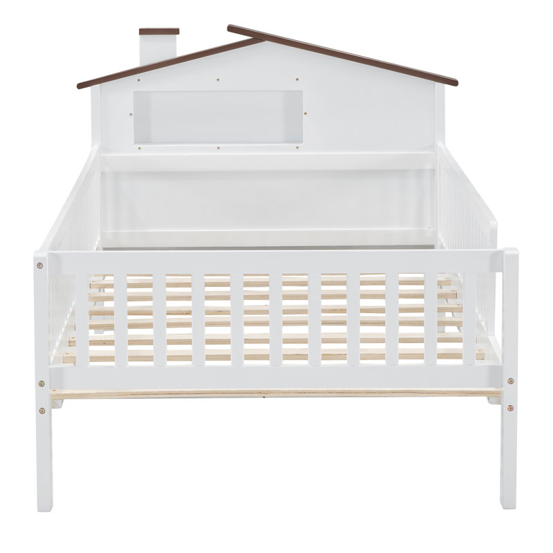 Lit plateforme en bois avec tête de lit en forme de maison, DEL et rangement intégré, Blanc