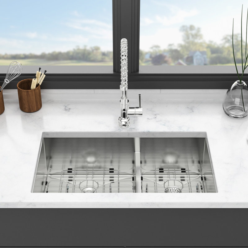 33X19x10 Inch Undermount Double Bowl  60/40  Kitchen Sink, 16 - Gauge Stainless Steel Build Standard, Two 10" Deep Basins, Rear 3.5 Drain For Standard Garbage Disposal, X Grooves Efficient Draining
