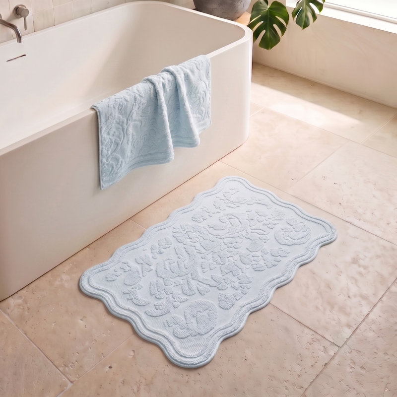 Gracie Floral Jacquard Scalloped Bath Mat, Blue