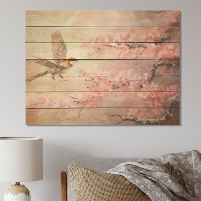 Golden And Pink Birds On Floral Tree I - Bird On Wood Print