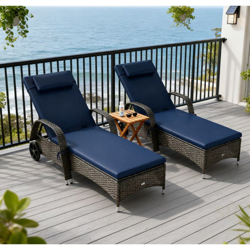 Reclining Rattan Chaise Lounge Chairs With Cushion, Pillow, Headrest, Armrests, And Wheels For Poolside Comfort, Dark Blue