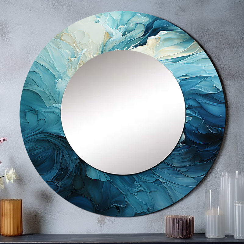 Turquoise bleu et blanc Serenity Swirl III - miroir mural unique à spirales abstraites, miroir rond moderne, impression d'art en métal