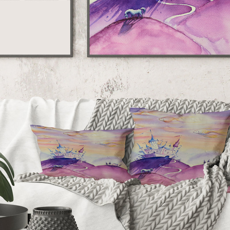 Rectangle, Royaume de conte de fées sur un sommet de montagne mauve - Coussin décoratif pour enfants