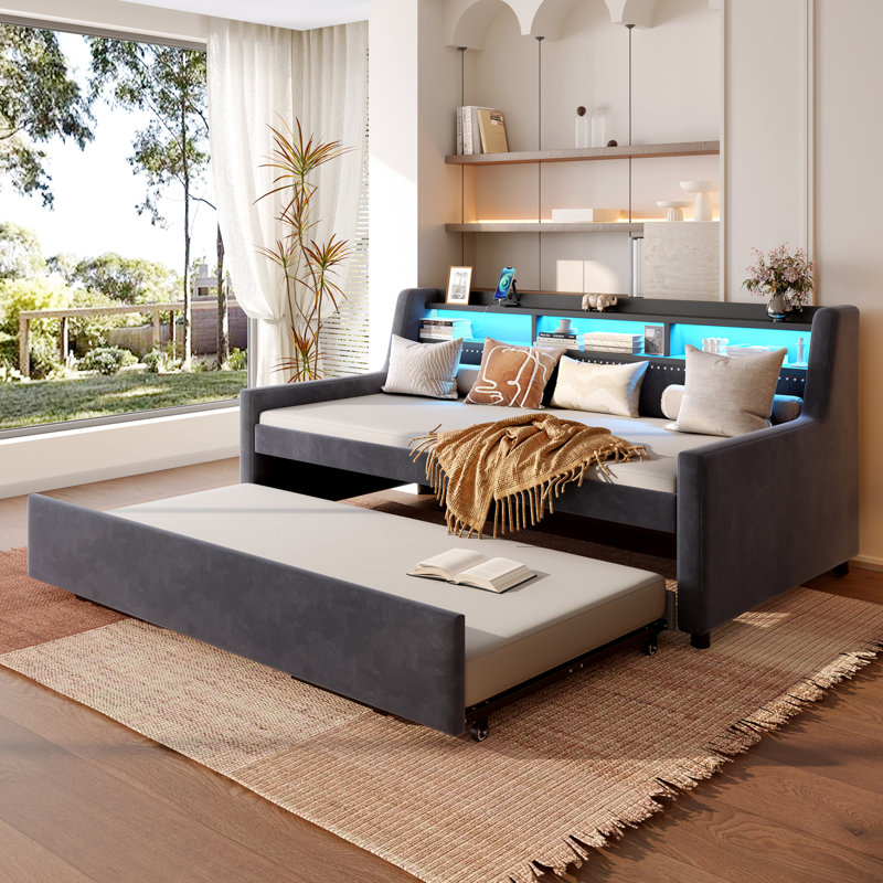 Twin Size Upholstered Daybed with Trundle, LED Light & Charging Station – Velvet Bed with Wood & Metal Frame