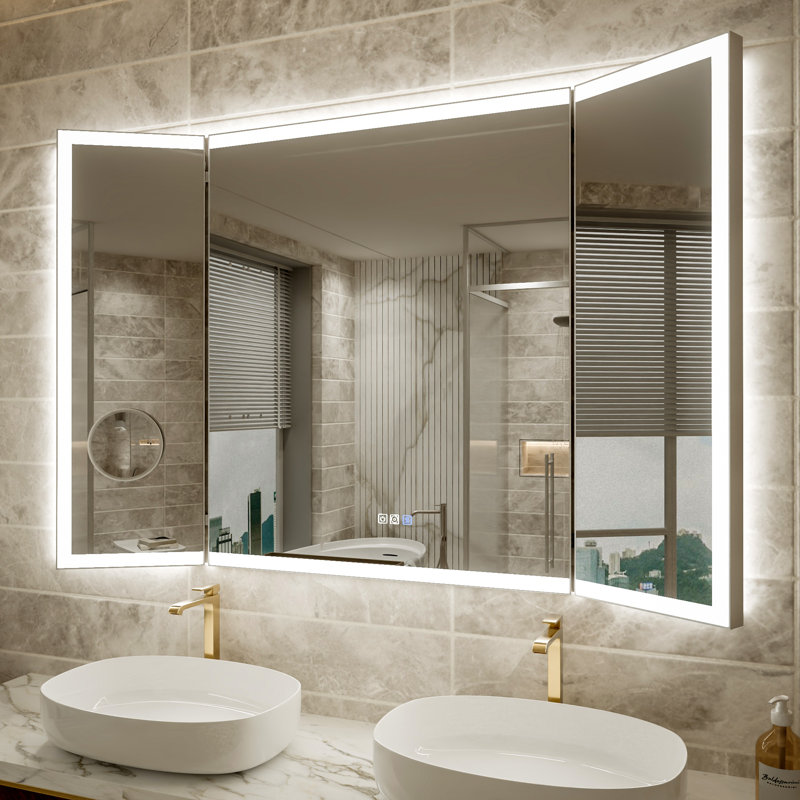 Miroir mural pliable à trois volets avec rétroéclairage, miroir grossissant 10x, gradateur, désembueur, 36 po x 54 po