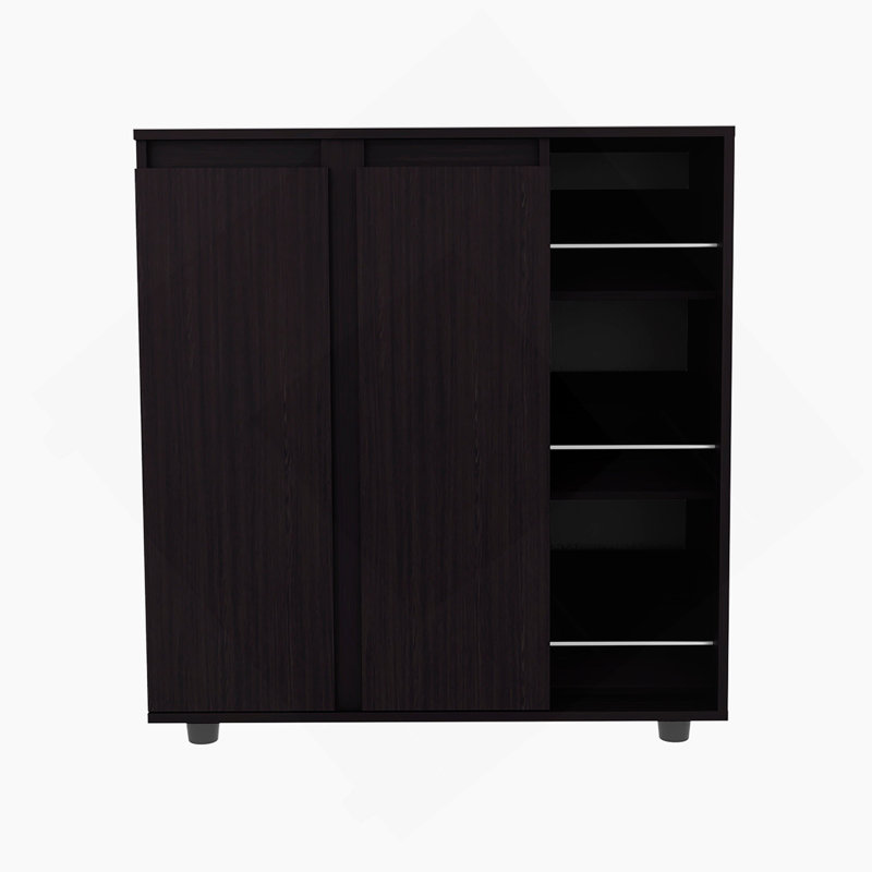 Armoire de rangement pour chaussures moderne à 2 portes avec tablettes ouvertes et fermées pour une vie organisée et élégante