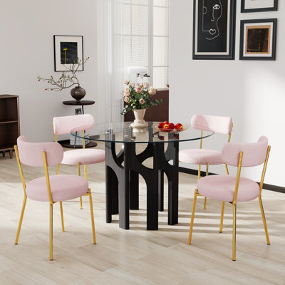 Ensemble de table ronde compacte en verre trempé et 4/6 chaises en tissu Teddy, pieds géométriques dorés pour petits espaces, salle à manger et cuisine