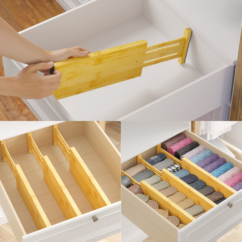 Natural Bamboo Adjustable Dresser Drawer Dividers, 4-Pack