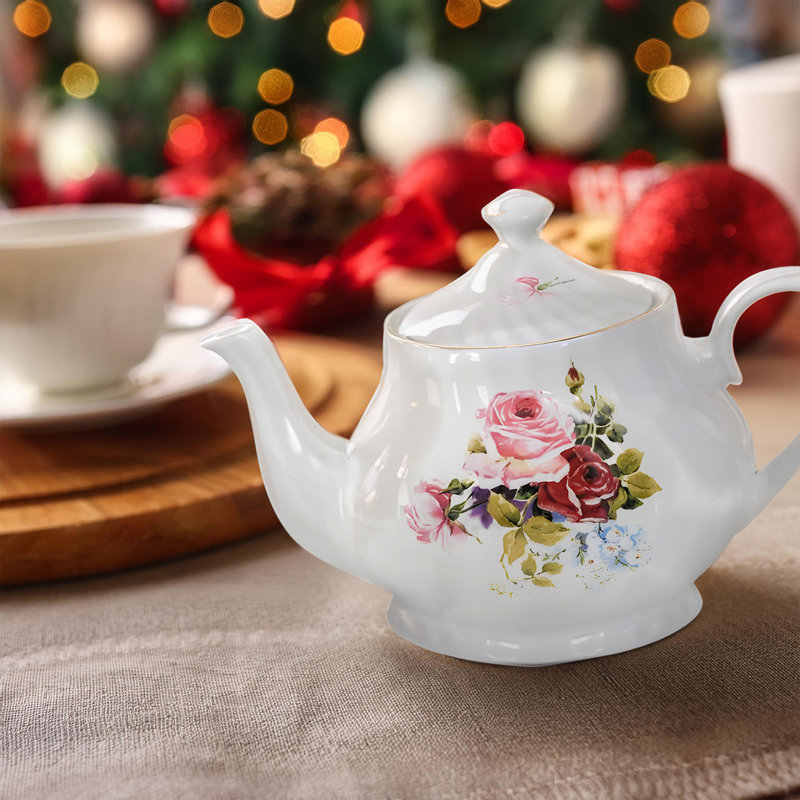 Théière en porcelaine Priya 37 oz avec couvercle, motif floral en relief et bordure en or 24 carats