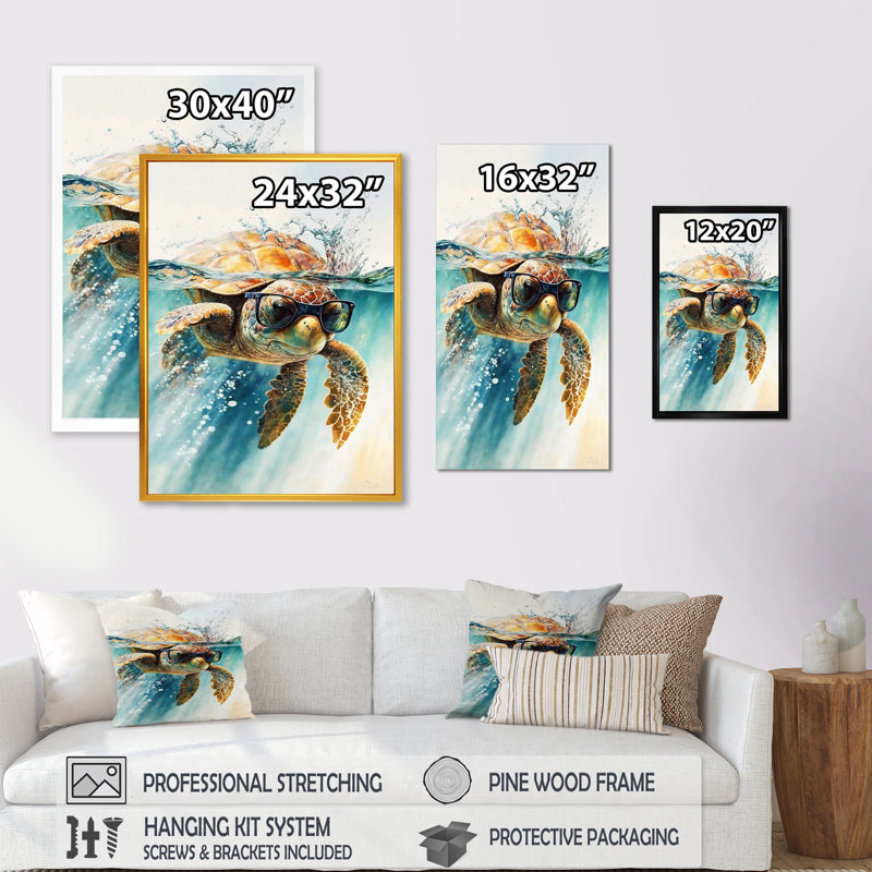 Tortue avec des lunettes dans l'océan III - Tortue, art mural, H 32 po x l 24 po, Toile tendue, Sans cadre