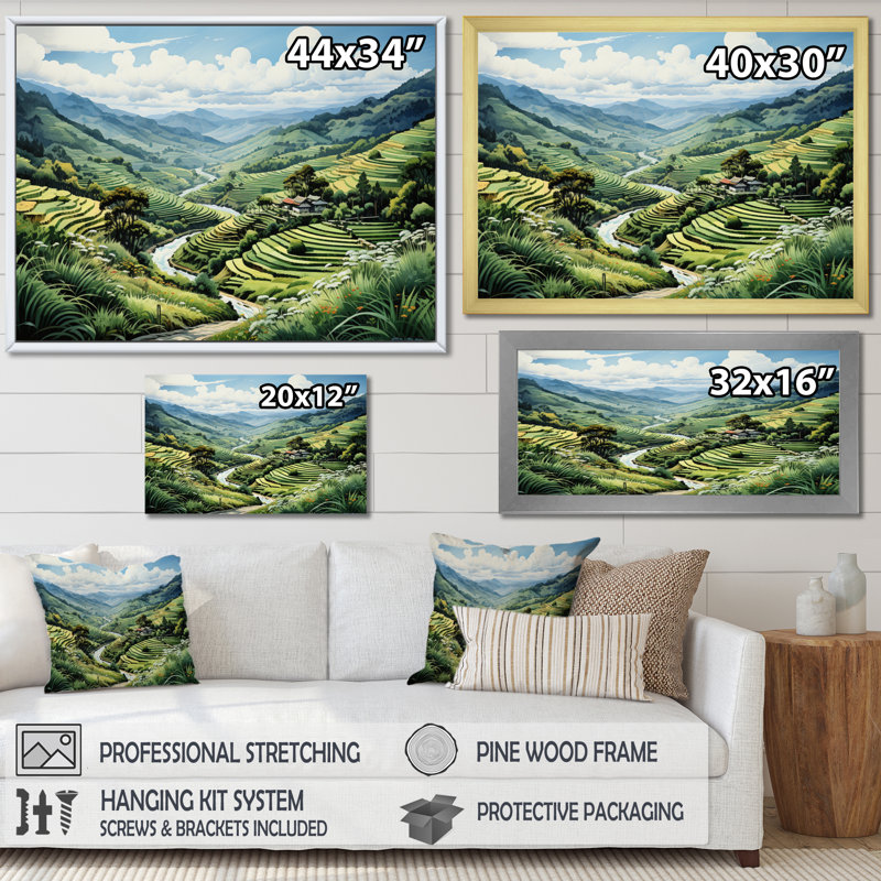Champ de riz vert vietnamien I - impression, H 34 po x l 44 po x P 1,5 po, Cadre photo noir simple