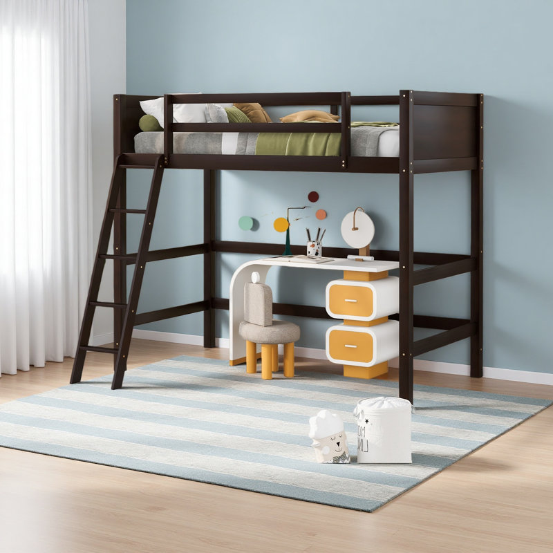Lit mezzanine simple en bois massif avec échelle, Espresso